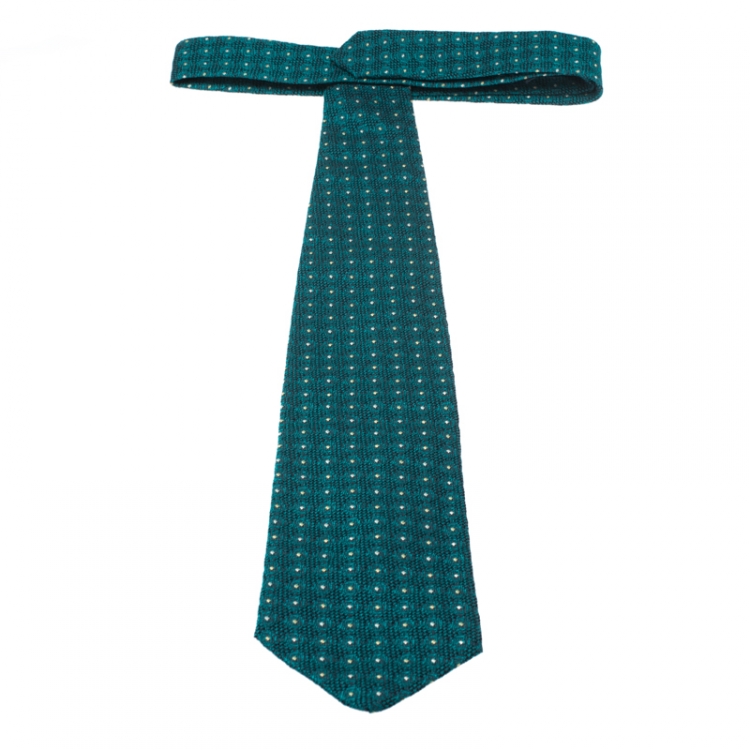 Pre Owned Ermenegildo Zegna Vintage Green Geometric Jacquard Silk Tie
