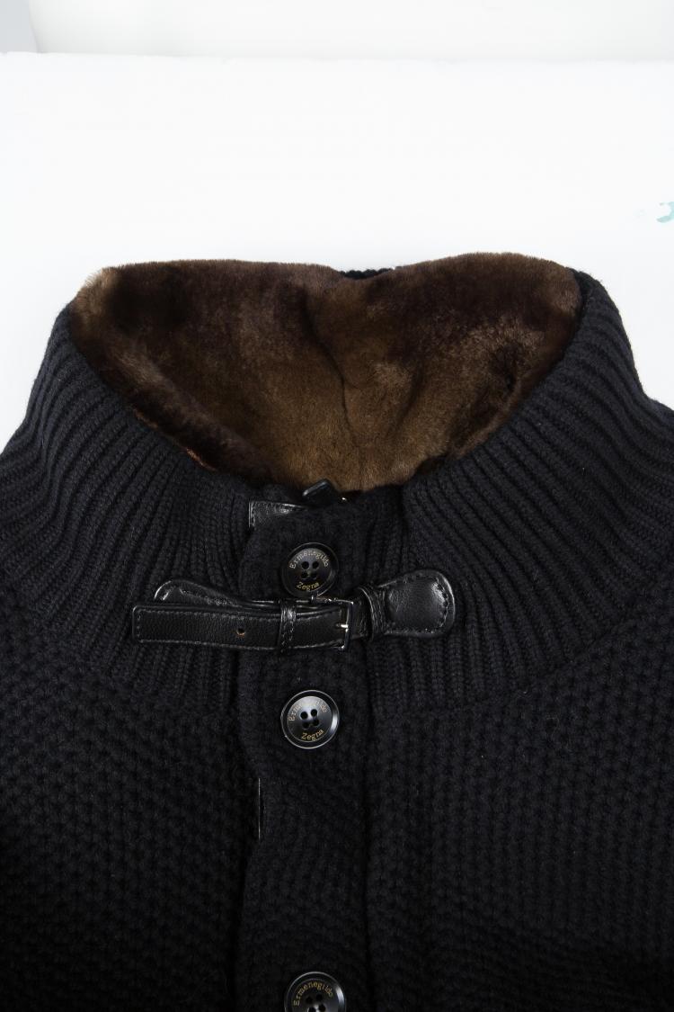 Pre Owned Ermenegildo Zegna Navy Blue Chunky Cashmere Knit Mink Lined Jacket  4XL