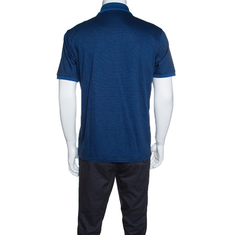 Pre Owned Ermenegildo Zegna Blue and Black Cotton Knit Diamond Pattern Polo T-Shirt M