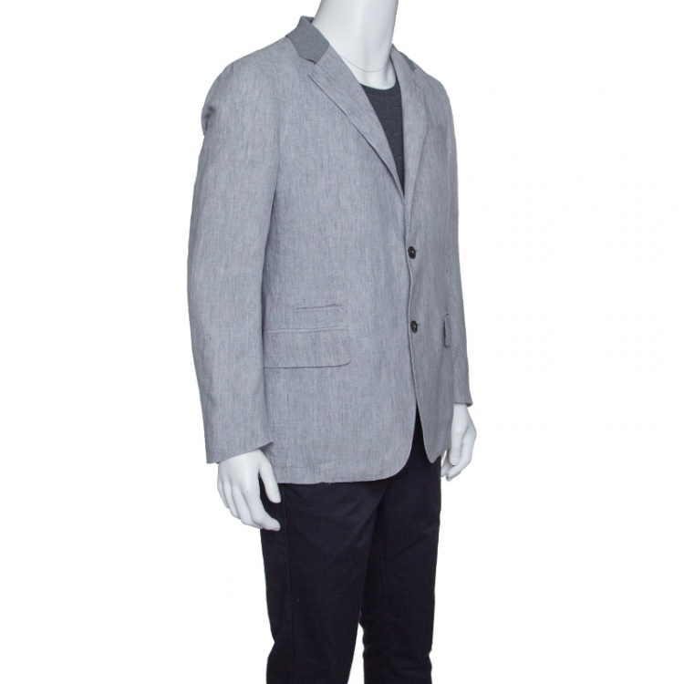 Pre Owned Ermenegildo Zegna Grey Linen Ribbed Collar Detail Blazer XL