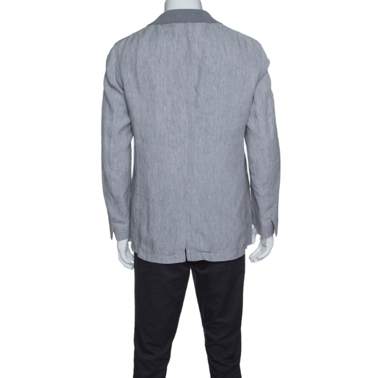 Pre Owned Ermenegildo Zegna Grey Linen Ribbed Collar Detail Blazer XL