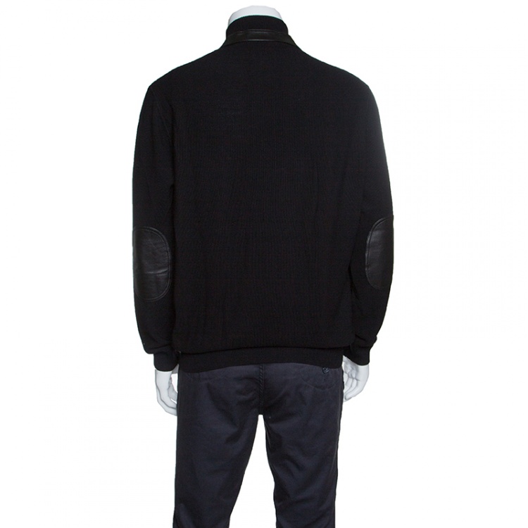 Pre Owned Ermenegildo Zegna Black Wool and Cashmere Leather Patch Detail Sweater XXL