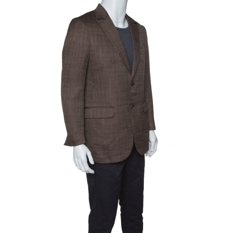 Pre Owned Ermenegildo Zegna Couture Brown Textured Silk Cotton Blend Tailored Blazer L