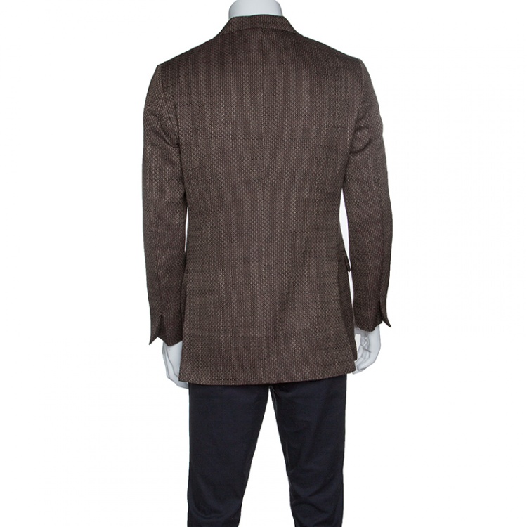 Pre Owned Ermenegildo Zegna Couture Brown Textured Silk Cotton Blend Tailored Blazer L