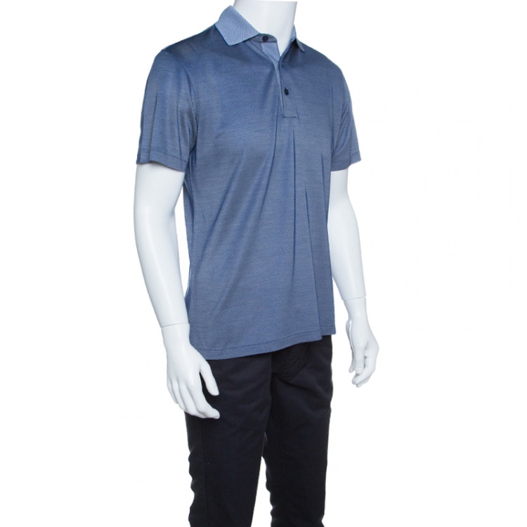Pre Owned Ermenegildo Zegna Navy Blue and White Silk Honeycomb Knit Polo T-Shirt S