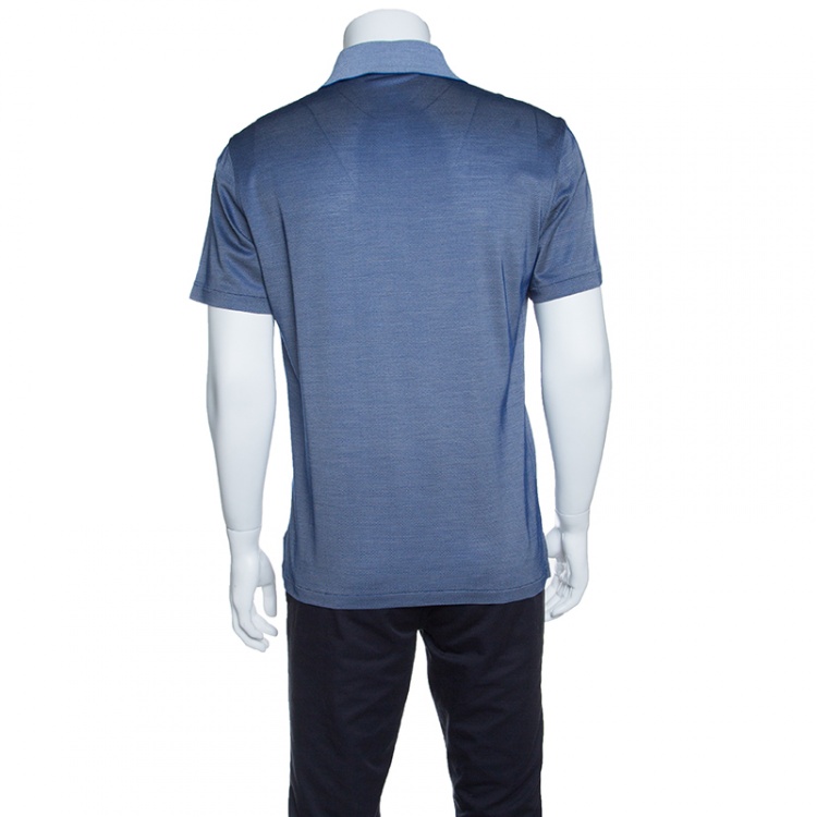 Pre Owned Ermenegildo Zegna Navy Blue and White Silk Honeycomb Knit Polo T-Shirt S