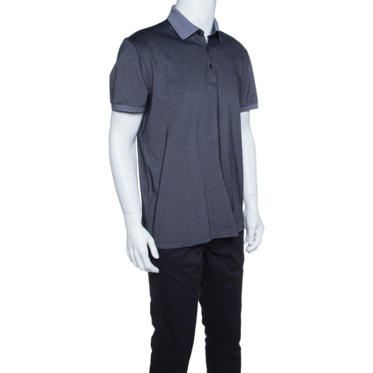 Pre Owned Ermenegildo Zegna Navy Blue and White Honeycomb Knit Short Sleeve Polo T-Shirt L