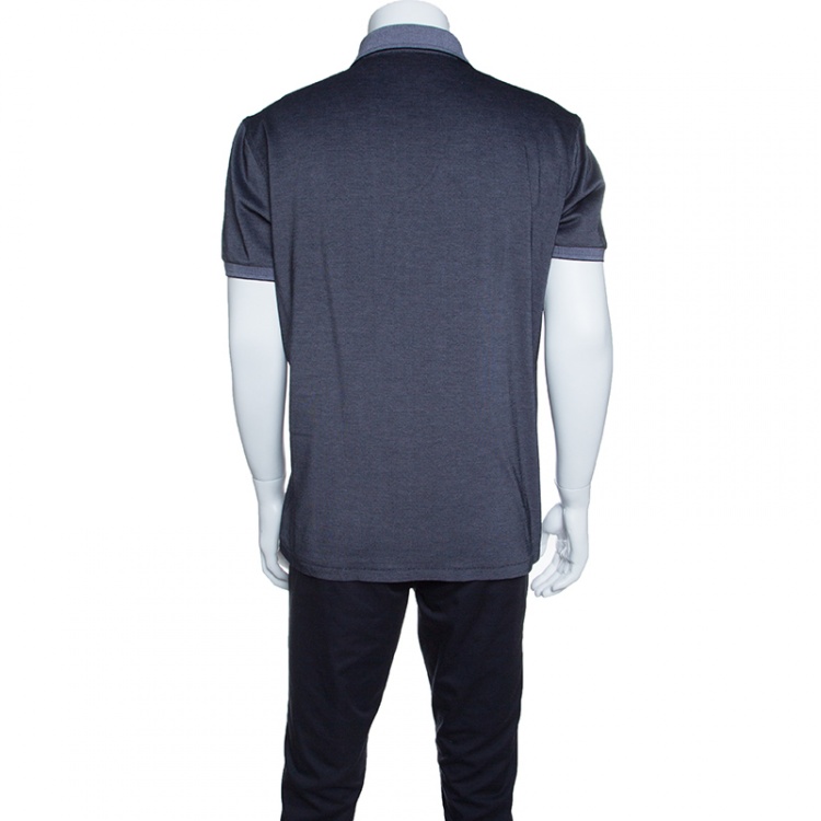 Pre Owned Ermenegildo Zegna Navy Blue and White Honeycomb Knit Short Sleeve Polo T-Shirt L