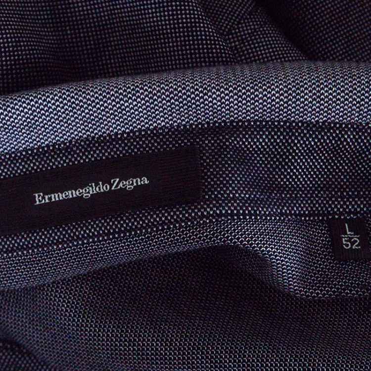 Pre Owned Ermenegildo Zegna Navy Blue and White Honeycomb Knit Short Sleeve Polo T-Shirt L