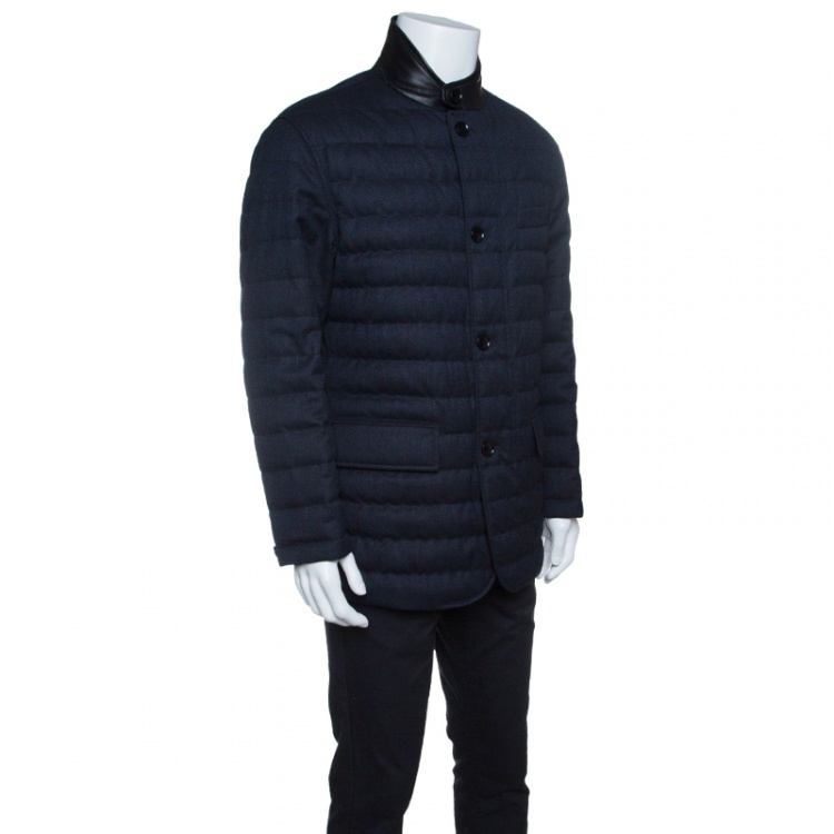 Pre Owned Ermenegildo Zegna Navy Blue Melange Wool Leather Trim Quilted Down Jacket XXL