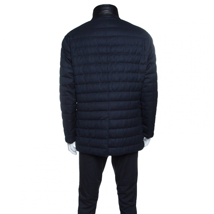 Pre Owned Ermenegildo Zegna Navy Blue Melange Wool Leather Trim Quilted Down Jacket XXL