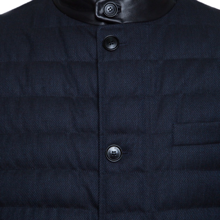 Pre Owned Ermenegildo Zegna Navy Blue Melange Wool Leather Trim Quilted Down Jacket XXL