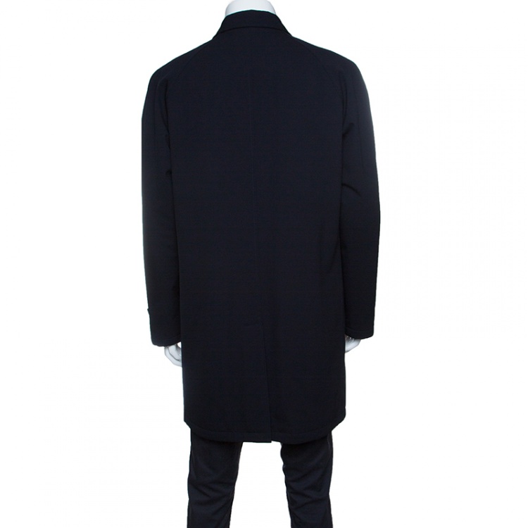 Pre Owned Ermenegildo Zegna Navy Blue Wool Gabardine Leather Trim Long Jacket XL