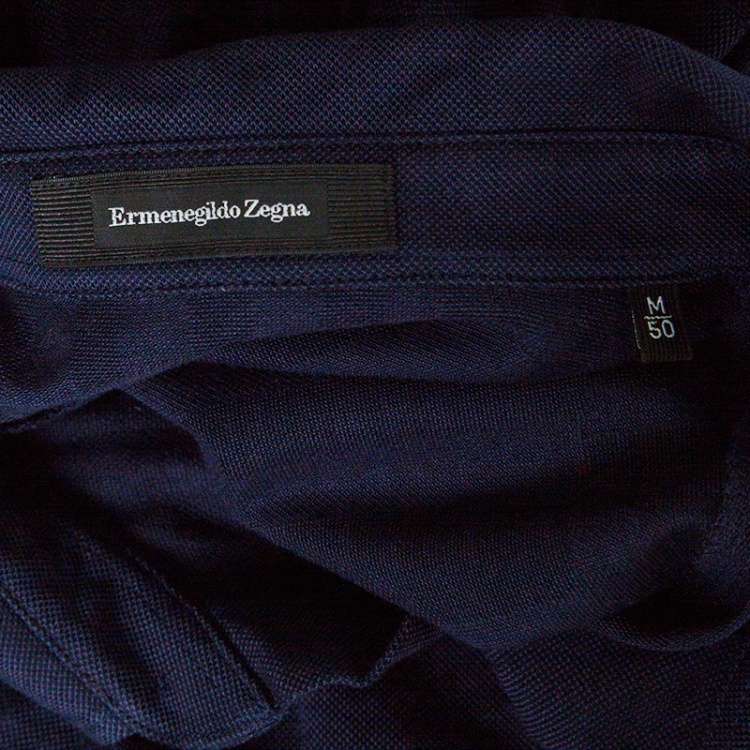 Pre Owned Ermenegildo Zegna Navy Blue Patterned Honeycomb Knit Polo T-Shirt M