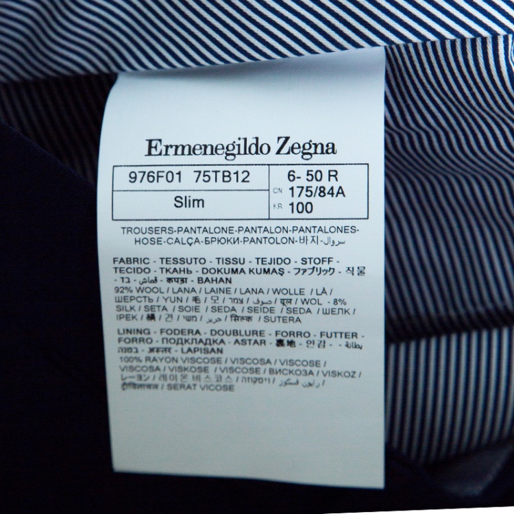 Pre Owned Ermenegildo Zegna High Performance Navy Blue Wool Silk Slim Fit Trousers L