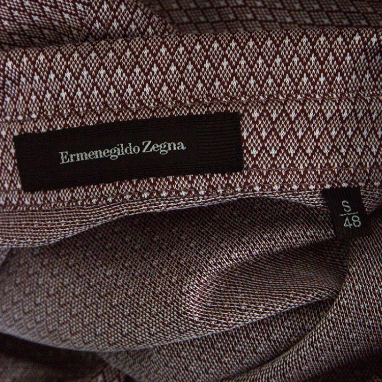 Pre Owned Ermenegildo Zegna Brown and White Cotton Diamond Patterned Knit Polo T-Shirt S