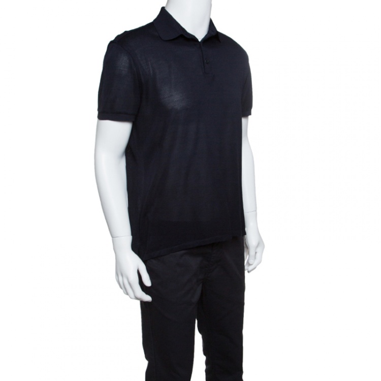 Pre Owned Ermenegildo Zegna Navy Blue Perforated Silk Knit Short Sleeve Polo T-Shirt M