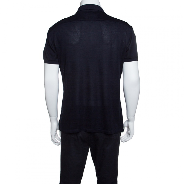 Pre Owned Ermenegildo Zegna Navy Blue Perforated Silk Knit Short Sleeve Polo T-Shirt M