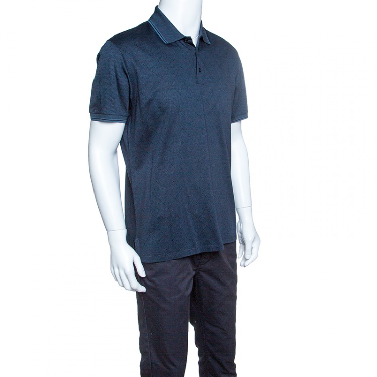 Pre Owned Ermenegildo Zegna Teal Argyle Pattern Cotton Jacquard Polo T-Shirt M