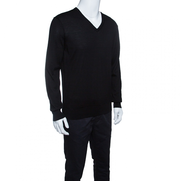 Pre Owned Ermenegildo Zegna Cashseta Light Black Ribbed Trim V-Neck Sweater L