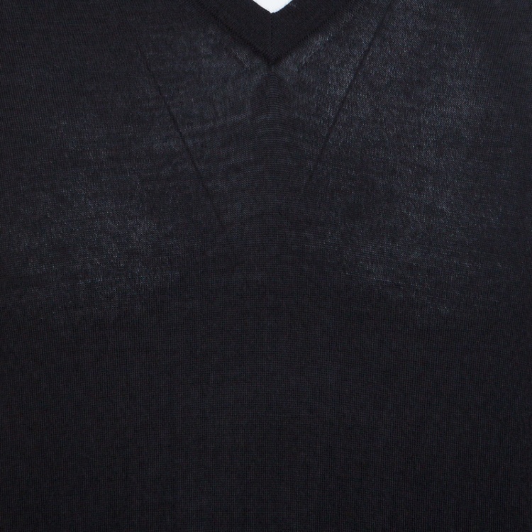 Pre Owned Ermenegildo Zegna Cashseta Light Black Ribbed Trim V-Neck Sweater L