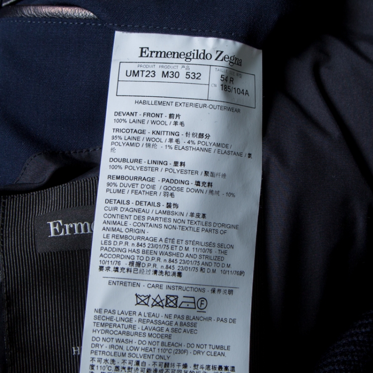 Pre Owned Ermenegildo Zegna Navy Blue Leather Trim Detail Quilted Wool Trofeo Down Jacket XXL