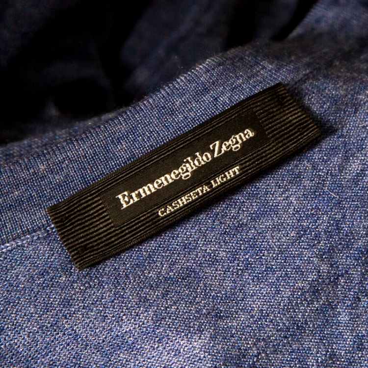 Pre Owned Ermenegildo Zegna Blue Cashmere and Silk Knit Long Sleeve V Neck Sweater L