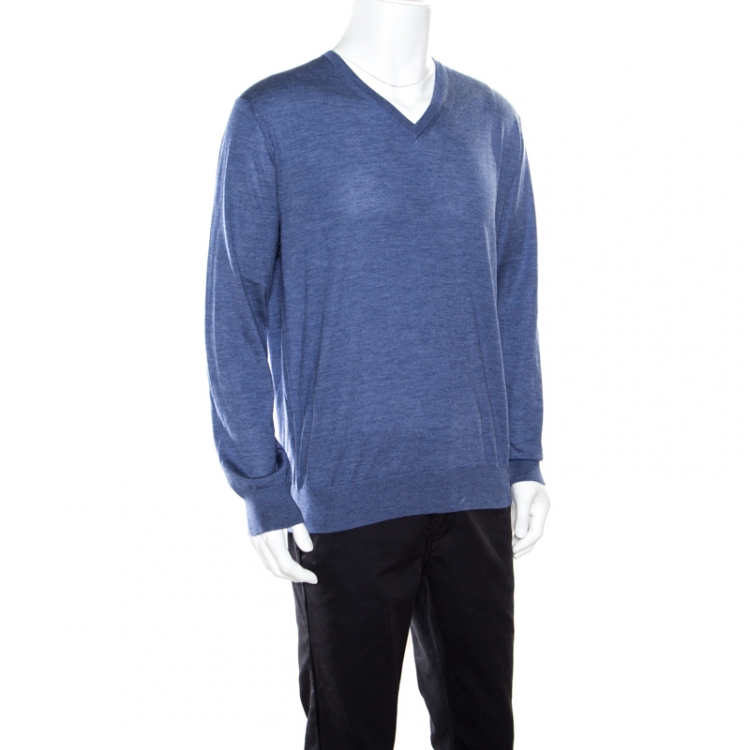 Pre Owned Ermenegildo Zegna Blue Cashmere and Silk Knit Long Sleeve V Neck Sweater L