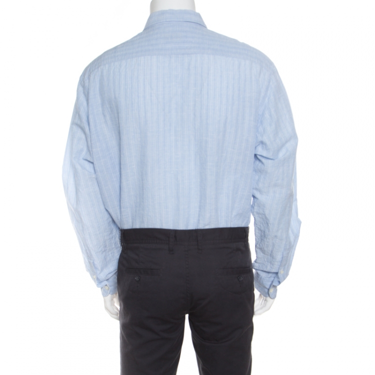 Pre Owned Ermenegildo Zegna Light Blue Striped Cotton Linen Button Down Shirt 3XL