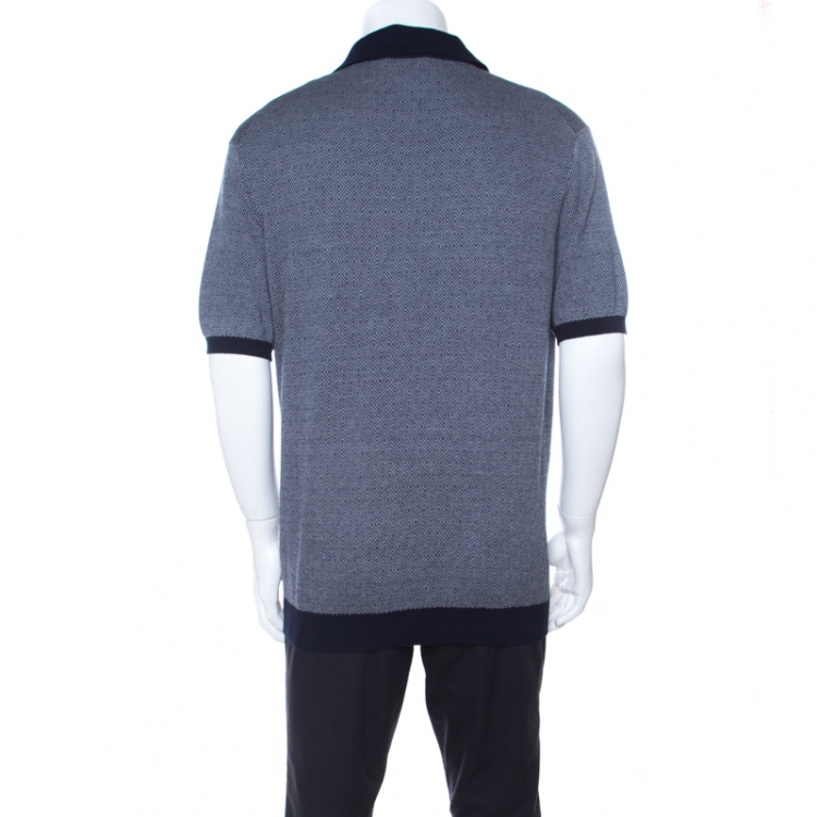 Pre Owned Ermenegildo Zegna Blue Diamond Patterned Cotton Jacquard  Polo T Shirt XL