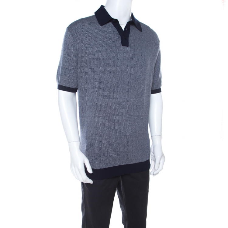 Pre Owned Ermenegildo Zegna Blue Diamond Patterned Cotton Jacquard  Polo T Shirt XL