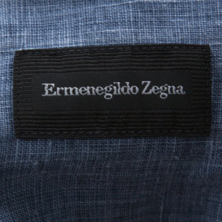 Pre Owned Ermenegildo Zegna Blue Linen Mandarin Collar Button Down Shirt XL