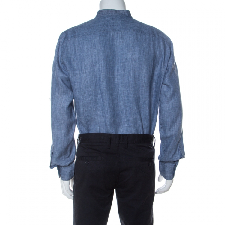 Pre Owned Ermenegildo Zegna Blue Linen Mandarin Collar Button Down Shirt XL