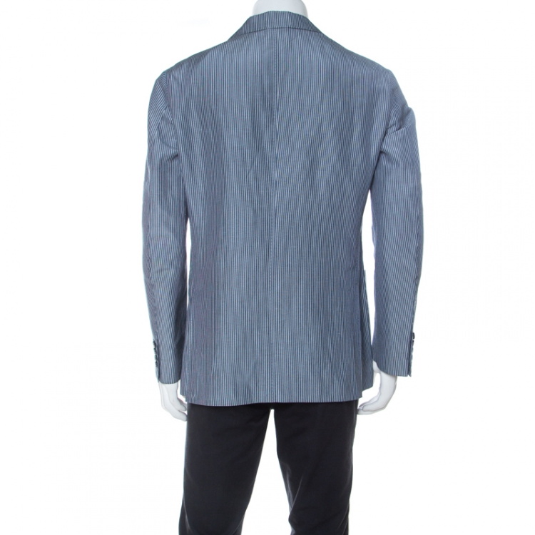 Pre Owned Ermenegildo Zegna Blue Striped Linen and Silk Blend Light Blazer L
