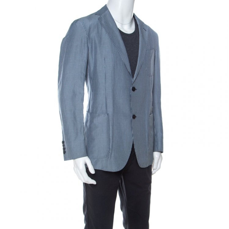 Pre Owned Ermenegildo Zegna Blue Striped Linen and Silk Blend Light Blazer L