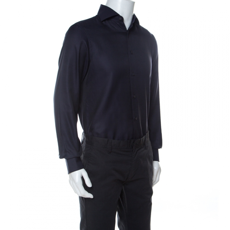Pre Owned Ermenegildo Zegna Navy Blue Woven Cotton Slim Fit Shirt M