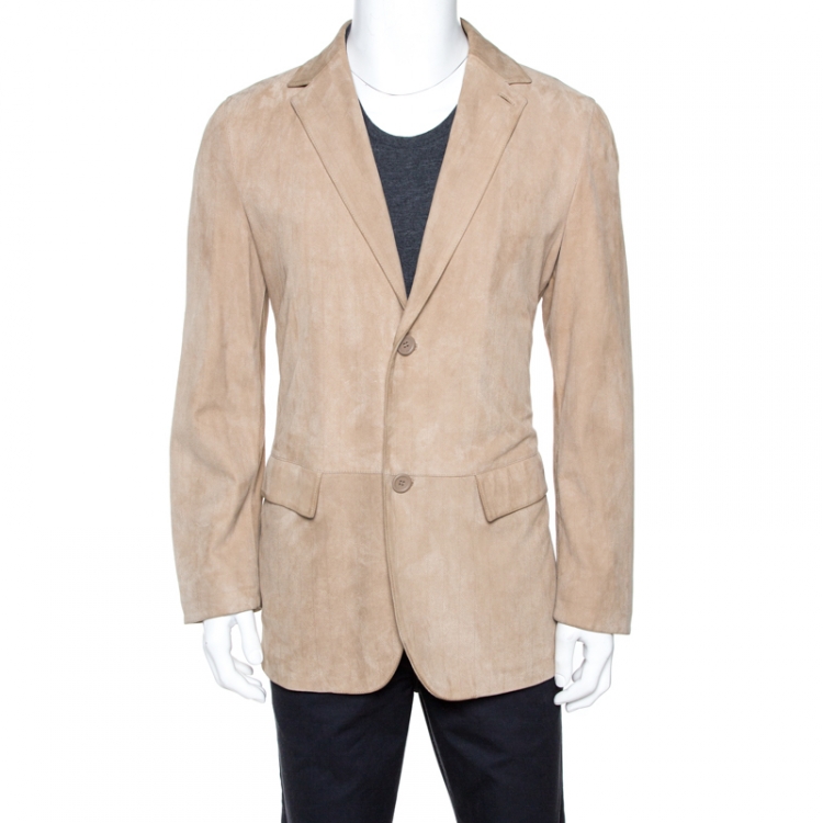 Pre Owned Ermenegildo Zegna Beige Leather Two Buttoned Blazer L