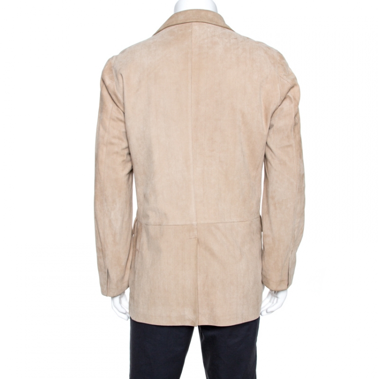 Pre Owned Ermenegildo Zegna Beige Leather Two Buttoned Blazer L