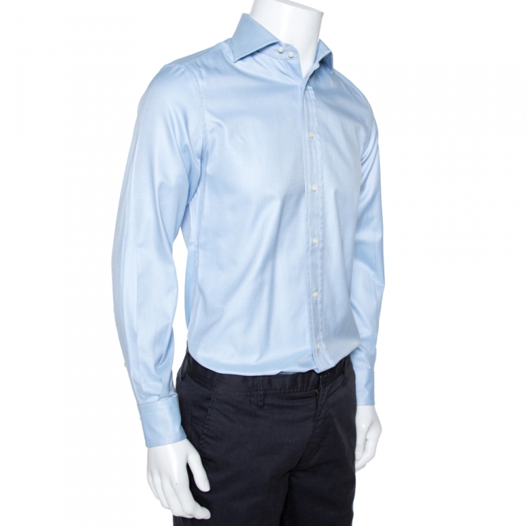 Pre Owned Ermenegildo Zegna Light Blue Diagonal Striped Cotton Long Sleeve Shirt S