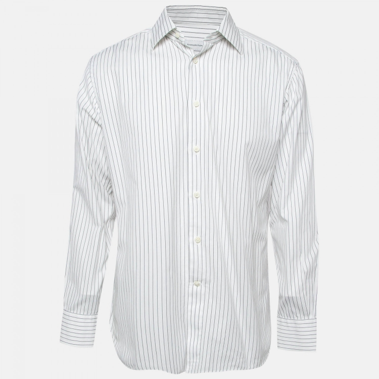 Pre Owned Ermenegildo Zegna White Pinstripe Cotton Regular Fit Shirt L