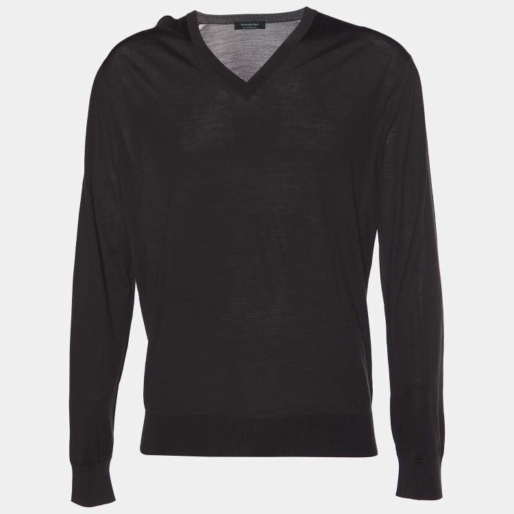 Pre Owned Ermenegildo Zegna Dark Brown Wool Knit V-Neck T-Shirt XL
