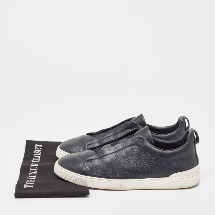 Pre Owned Ermenegildo Zegna Navy Blue Leather Triple Stitch Slip On Sneakers Size 43