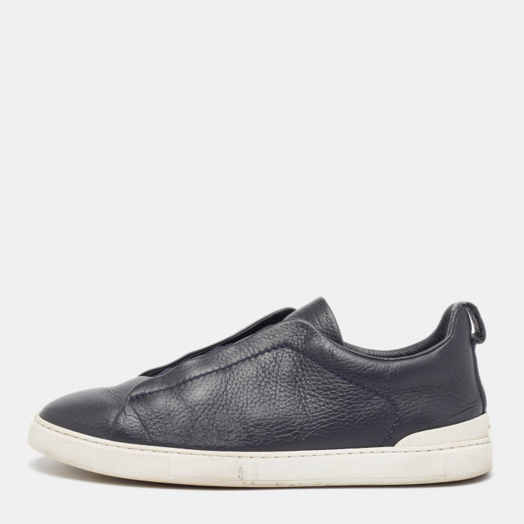 Pre Owned Ermenegildo Zegna Navy Blue Leather Triple Stitch Slip On Sneakers Size 43