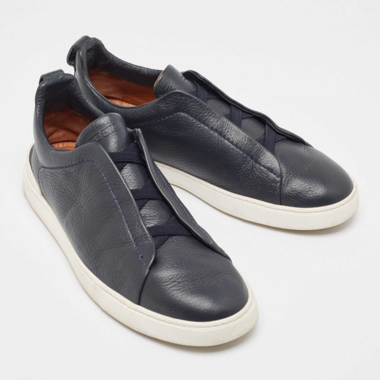 Pre Owned Ermenegildo Zegna Navy Blue Leather Triple Stitch Slip On Sneakers Size 43