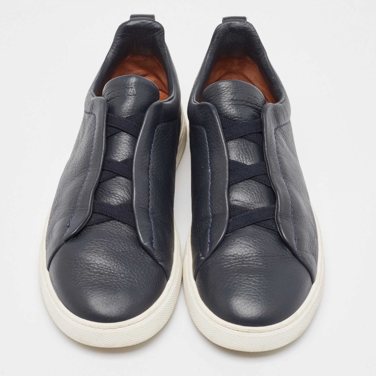Pre Owned Ermenegildo Zegna Navy Blue Leather Triple Stitch Slip On Sneakers Size 43