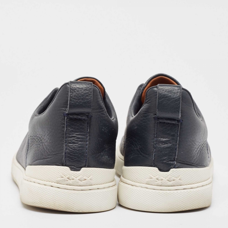 Pre Owned Ermenegildo Zegna Navy Blue Leather Triple Stitch Slip On Sneakers Size 43