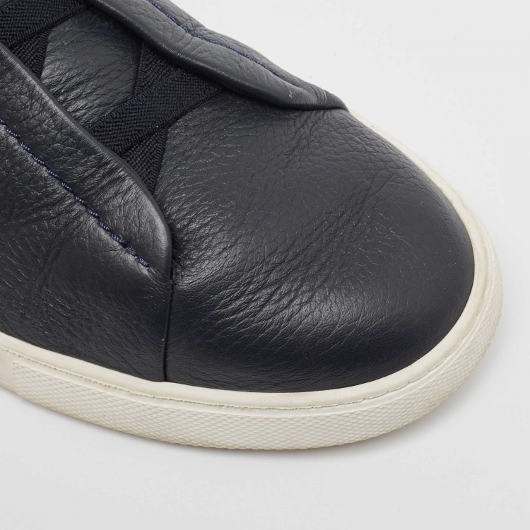 Pre Owned Ermenegildo Zegna Navy Blue Leather Triple Stitch Slip On Sneakers Size 43