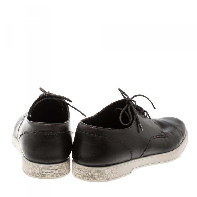 Pre Owned Ermenegildo Zegna Brown Leather Lace Up Sneakers Size 42.5