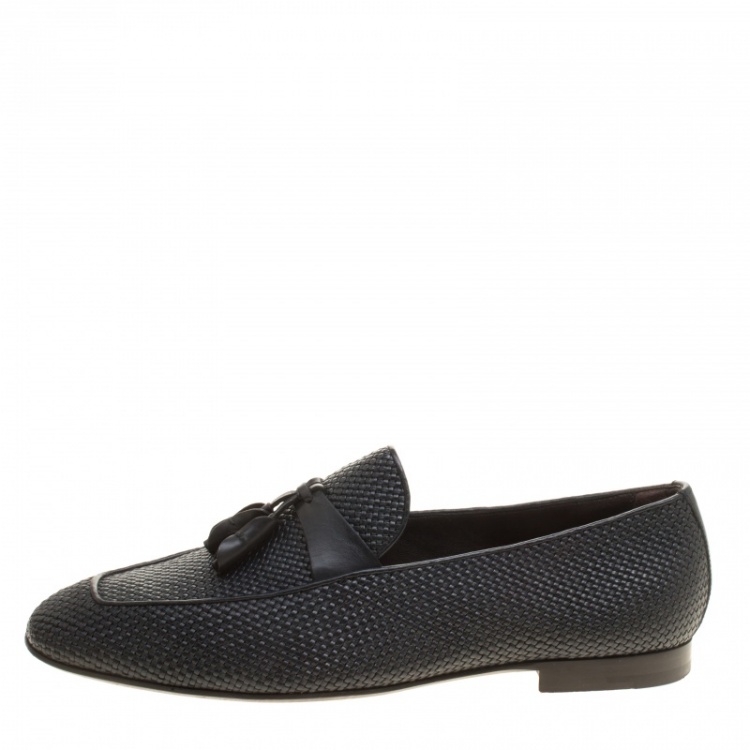 Pre Owned Ermenegildo Zegna Black Woven Leather Lido Tassel Loafers Size 42