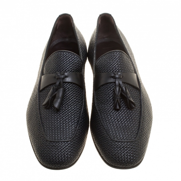 Pre Owned Ermenegildo Zegna Black Woven Leather Lido Tassel Loafers Size 42